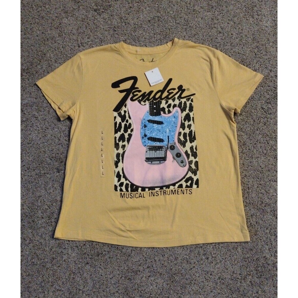 Fender Womens T shirt Large Yellow Graphic Rock Electric Bass Guitar New NWT